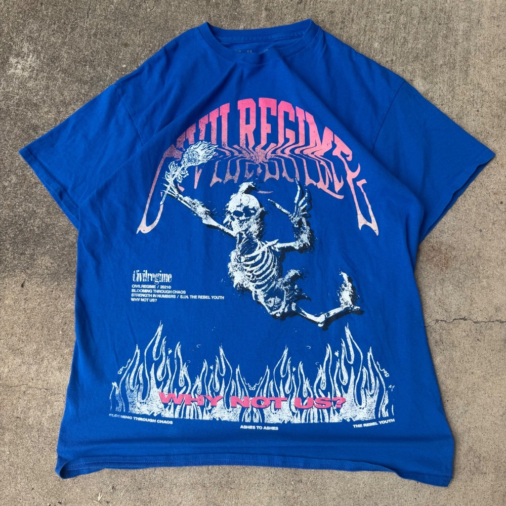 Civil Regime Mens Blue Skeleton Flame Graphic T-Shirt Why Not Us Size Large